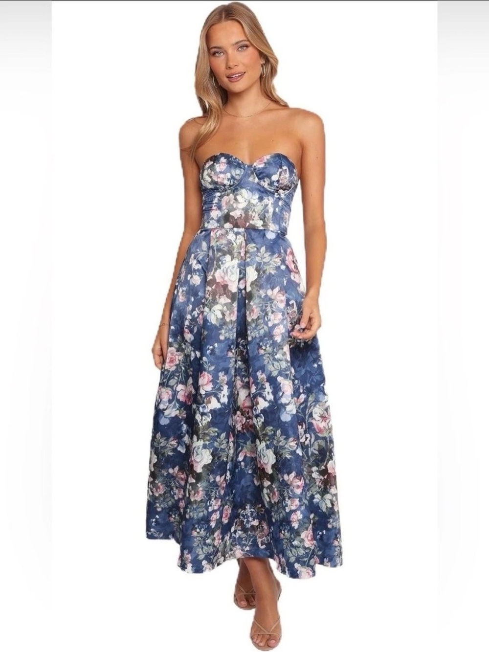 Strapless Blue Floral Midi Dress